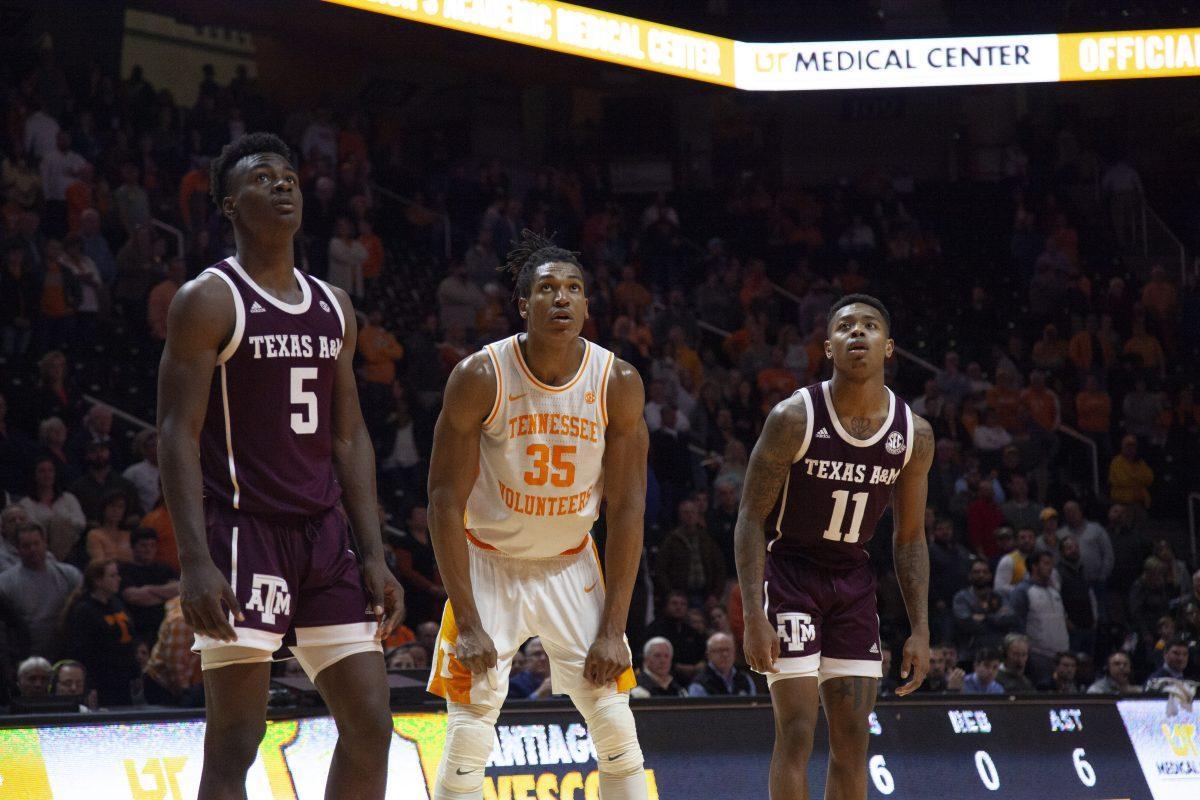 Yves Pons, #35, watches the ball during a free-throw during the game against Texas A&amp;M on Tuesday, January 28, 2020 at Thompson-Boling Arena.