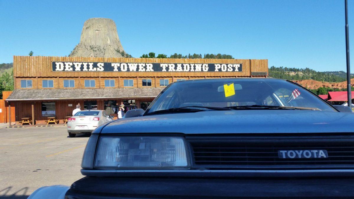 Still behind the RV, the little blue car has a "selfie" made at Devils Tower, Wyoming in 2015.