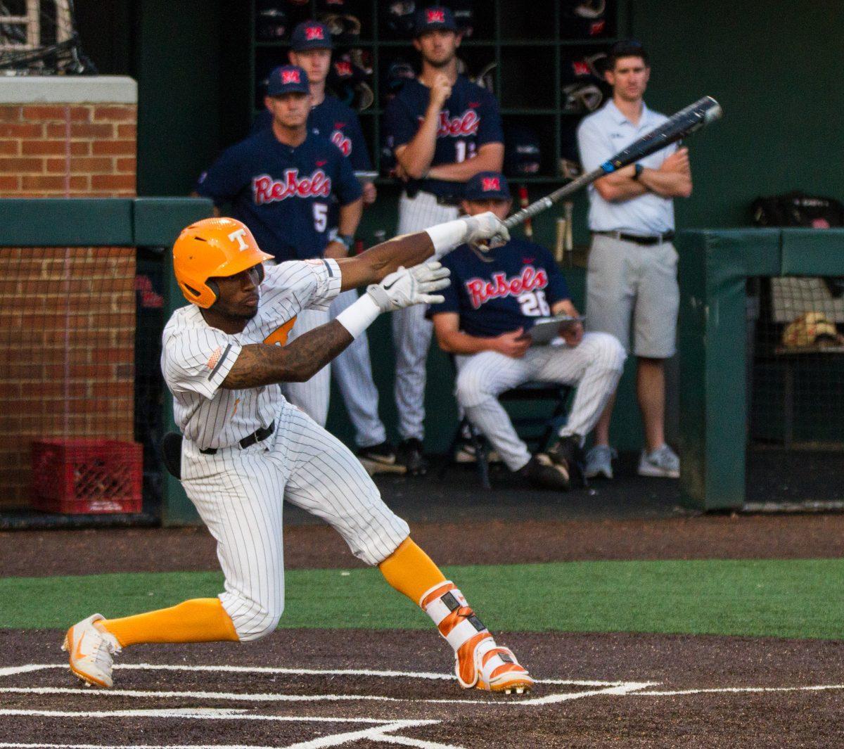 #1, Alerick Soularie after hitting the ball during the game against Ole Miss on Thursday, May 16, 2019.