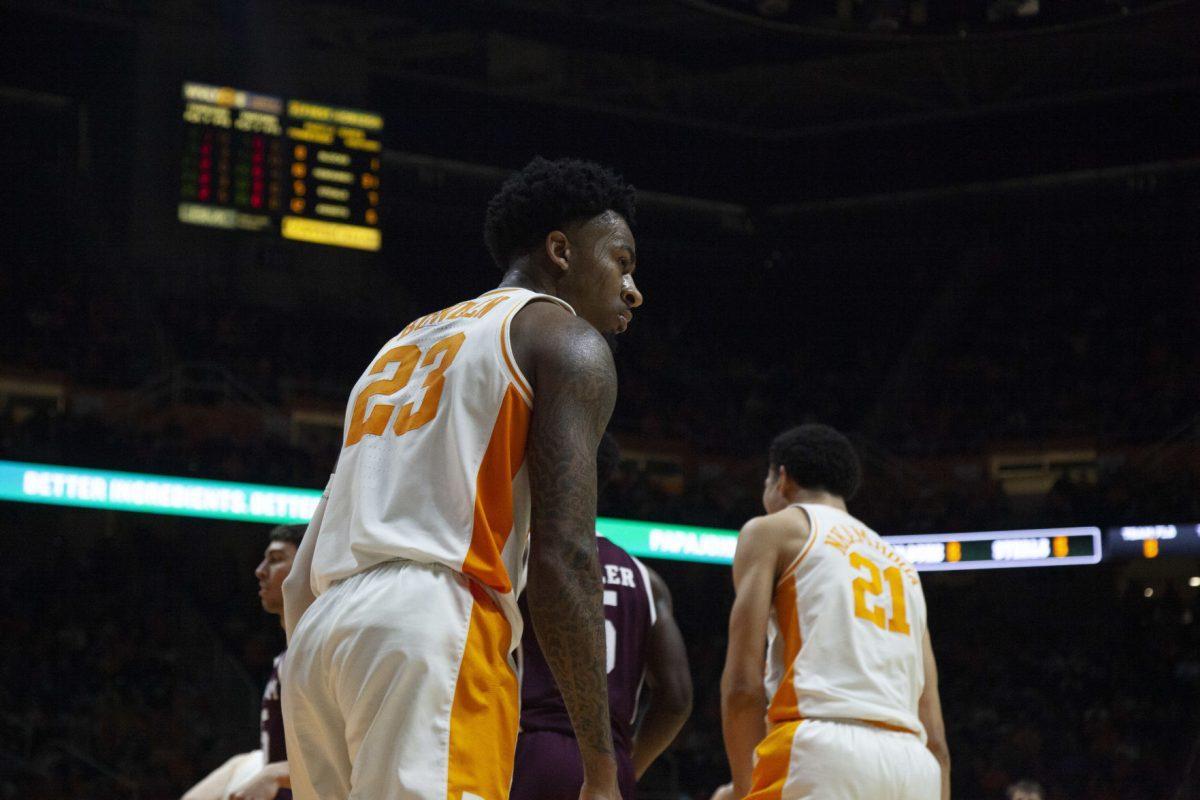 Jordan Bowden, #23, looks towards the crowd after dunking during the game against Texas A&amp;M on Tuesday, January 28, 2020 at Thompson-Boling Arena.
