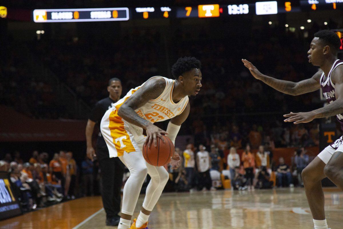 Jordan Bowden, #23, dribbles down the court during the game against Texas A&amp;M on Tuesday, January 28, 2020 at Thompson-Boling Arena.