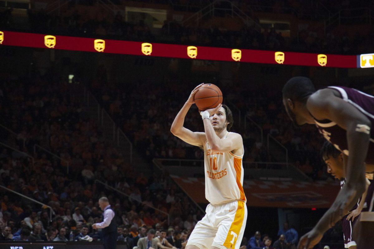 John Fulkerson, #10, shoots a free-throw during the game against Texas A&amp;M on Tuesday, January 28, 2020 at Thompson-Boling Arena.