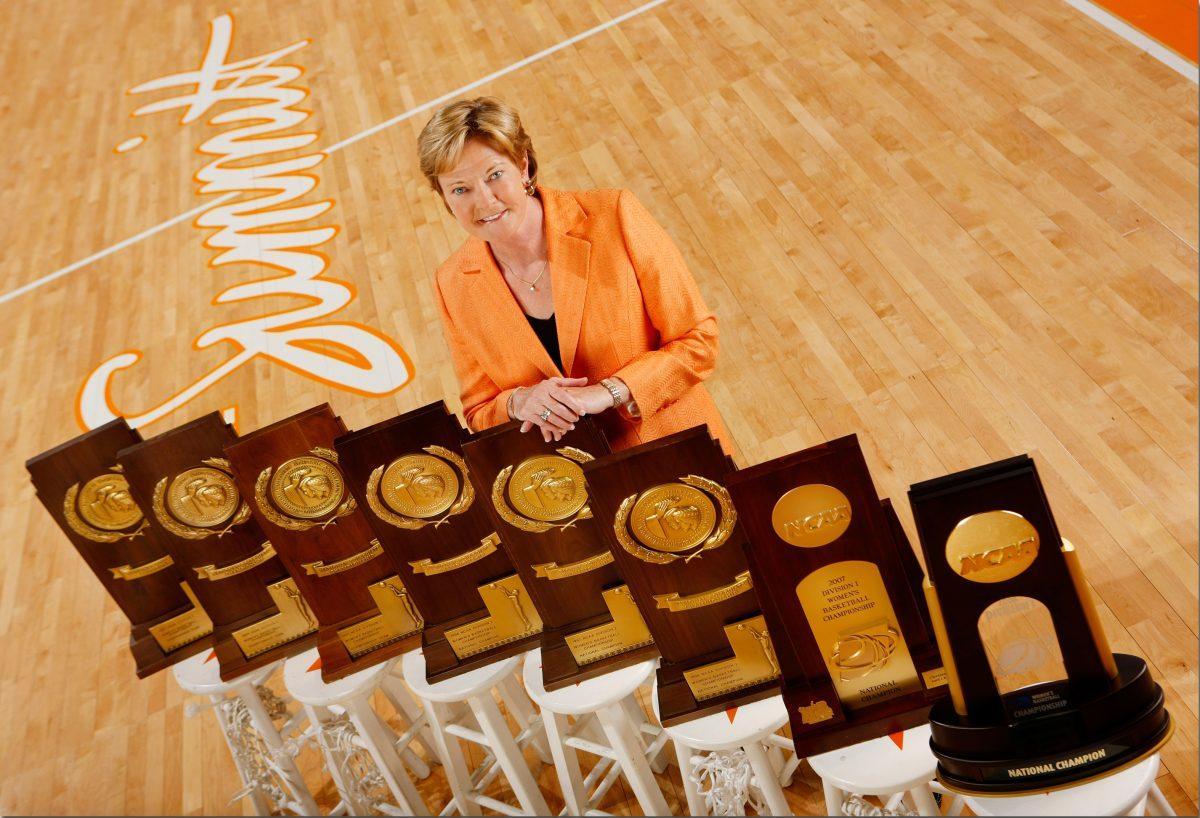 KNOXVILLE,TN - SEPTEMBER 05, 2008 - Portrait of Head Coach Pat Summitt with all eight of her NCAA National Championship Trophies at Thompson-Boling Arena in Knoxville, TN. Photo By Tennessee Athletics