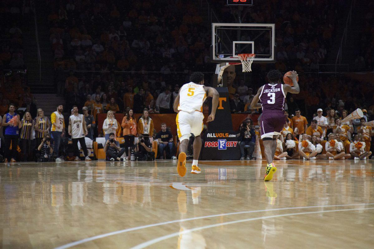 Josiah-Jordan James, #5, chases after the ball after being stolen by a Texas A&amp;M player during the game on Tuesday, January 28, 2020 at Thompson-Boling Arena.