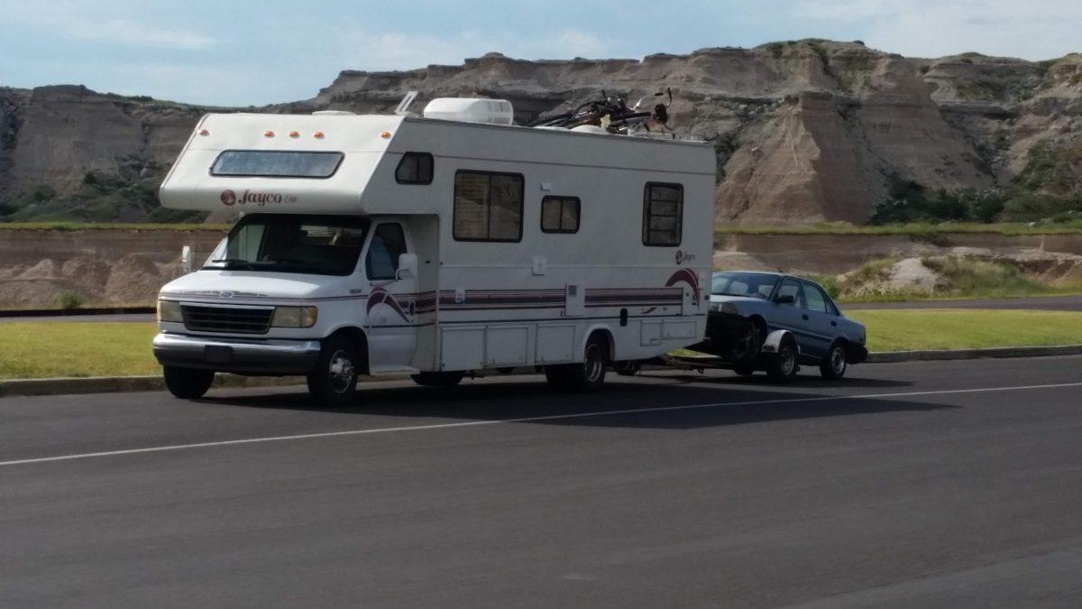 The rigging to take the car across the country in 2015, seen here in the Badlands in South Dakota.
