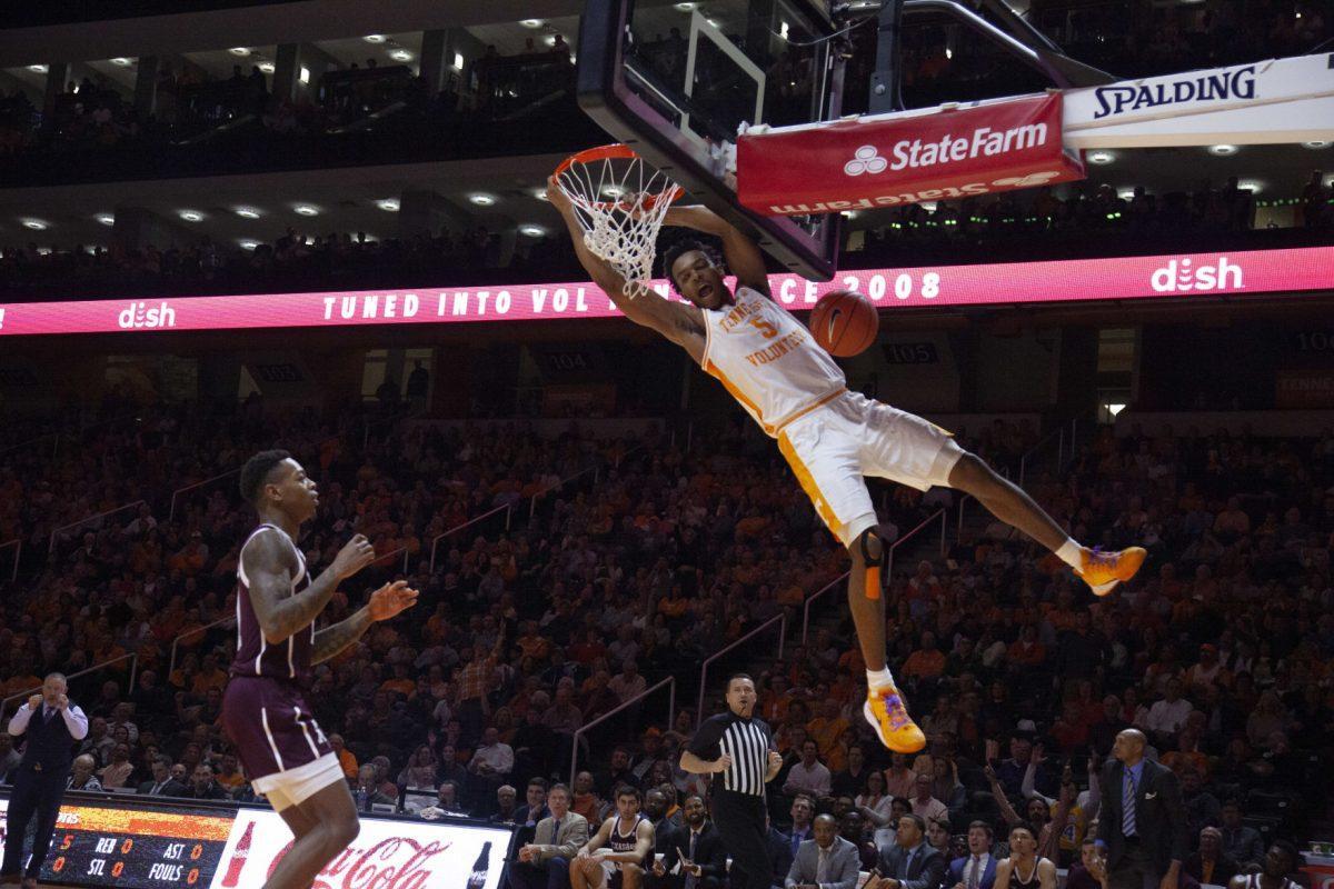 Josiah-Jordan James, #5, dunks the ball during the game against Texas A&amp;M on Tuesday, January 28, 2020 at Thompson-Boling Arena.