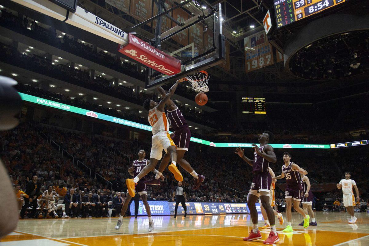 Jordan Bowden, #23, dunks the ball during the game against Texas A&amp;M on Tuesday, January 28, 2020 at Thompson-Boling Arena.