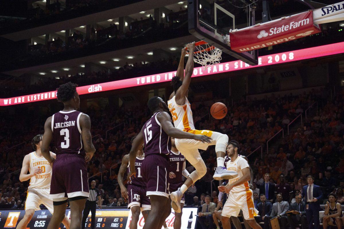 Yves Pons, #35, dunks the ball during the game against Texas A&amp;M on Tuesday, January 28, 2020 at Thompson-Boling Arena.