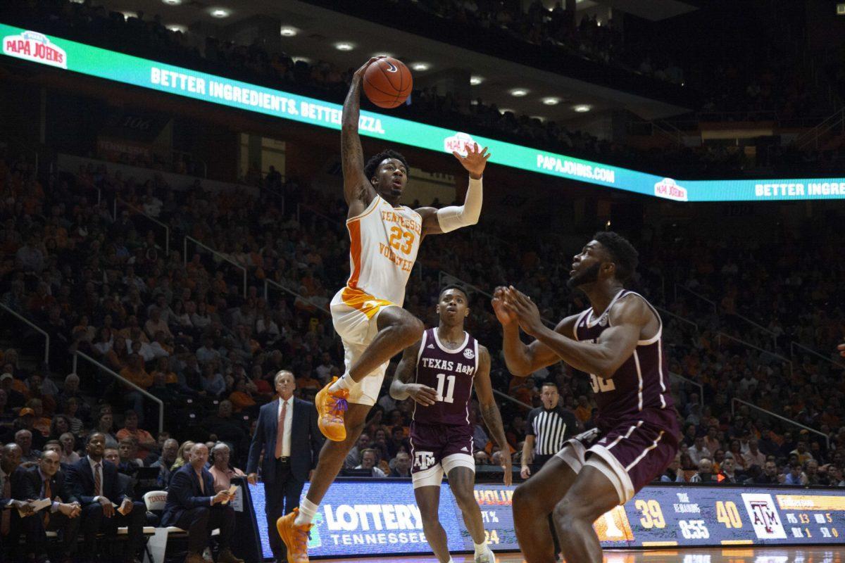 Jordan Bowden, #23, reaches towards the basket with the ball during the game against Texas A&amp;M on Tuesday, January 28, 2020 at Thompson-Boling Arena.