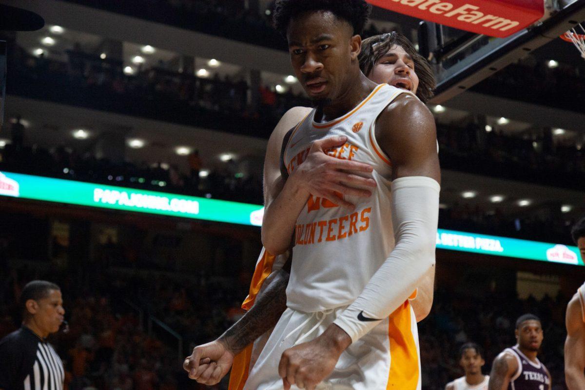 Jordan Bowden, #23, glares at the camera after scoring during the game against Texas A&amp;M on Tuesday, January 28, 2020 at Thompson-Boling Arena.