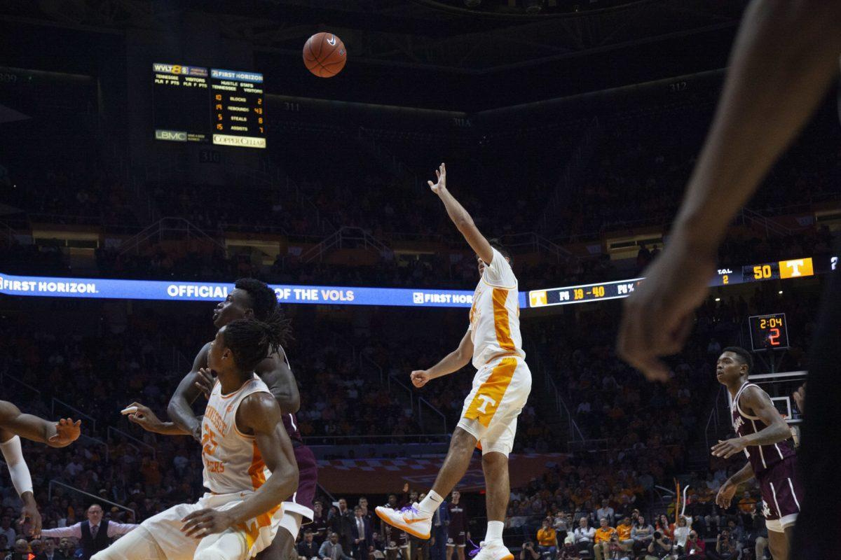 Santiago Vescovi, #25, throws the ball up towards the basket during the game against Texas A&amp;M on Tuesday, January 28, 2020 at Thompson-Boling Arena.
