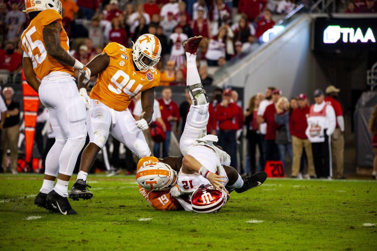 #19 Darrell Taylor for the Tennessee volunteers sacking the Indiana quarterback in the 2020 Tax Slayer Bowl.