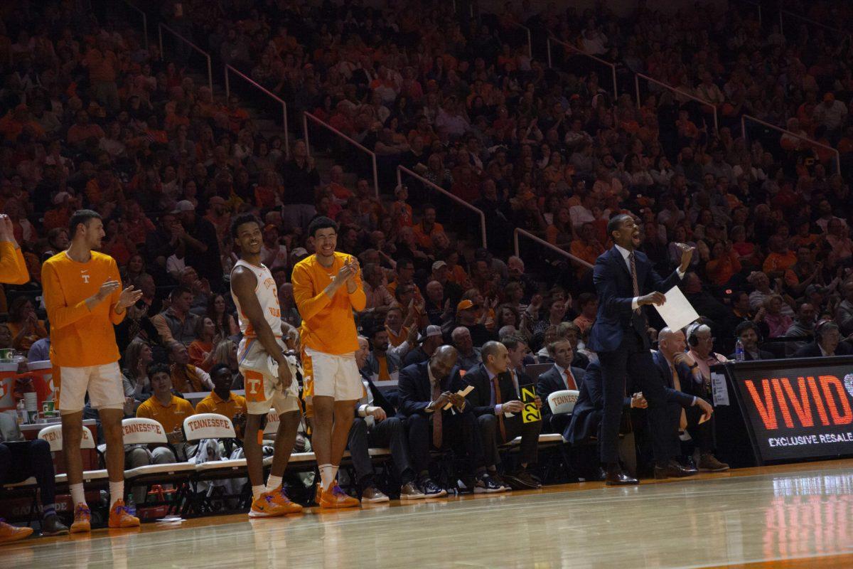 The UTK Men's Basketball team celebrates after catching up to Texas A&amp;M during the game on Tuesday, January 28, 2020 at Thompson-Boling Arena.