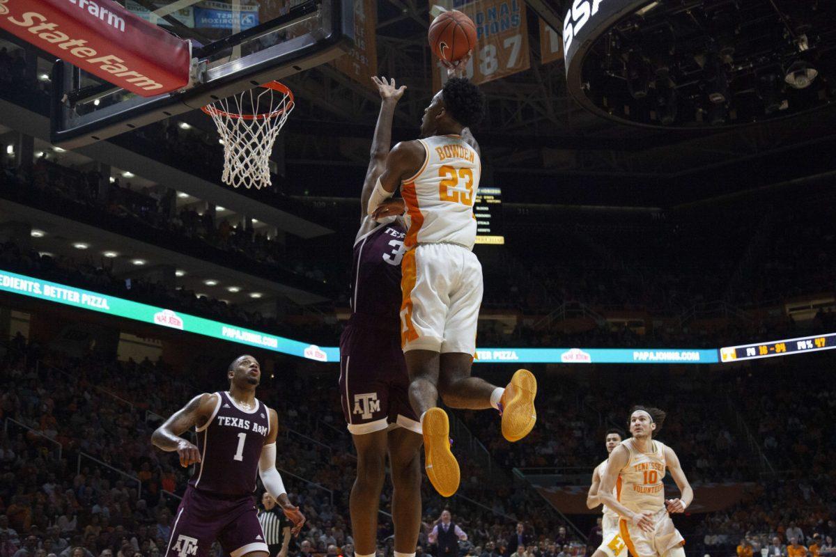 Jordan Bowden, #23, lifts the ball up towards the basket during the game against Texas A&amp;M on Tuesday, January 28, 2020 at Thompson-Boling Arena.