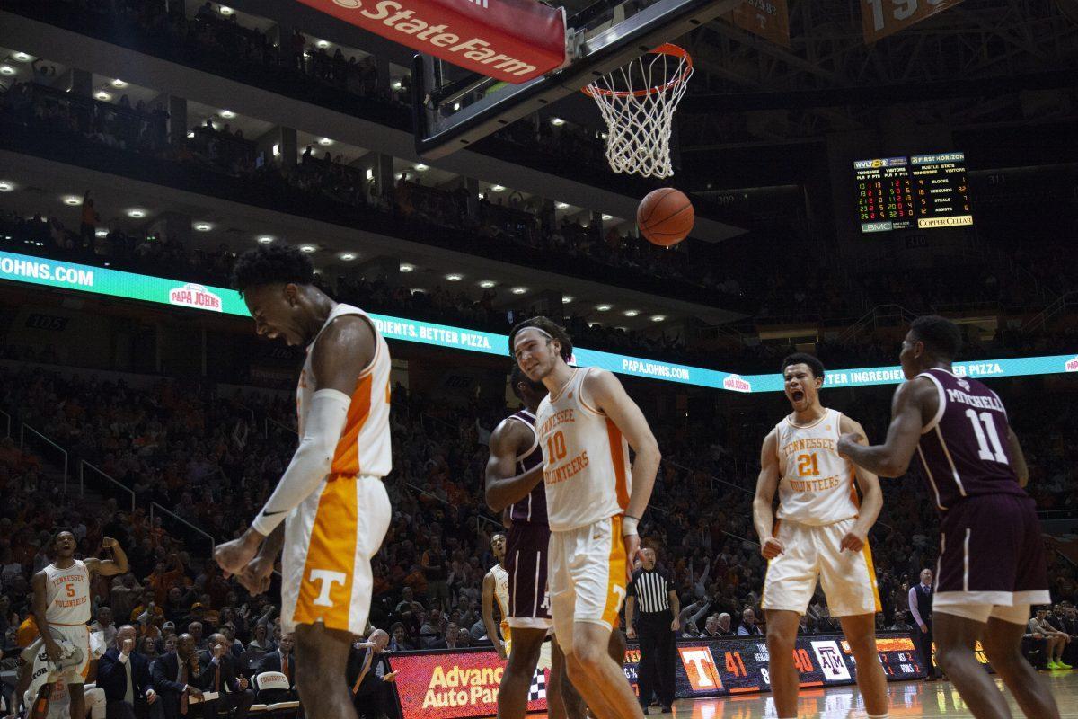 Jordan Bowden, #23, celebrates after scoring during the game against Texas A&amp;M on Tuesday, January 28, 2020 at Thompson-Boling Arena.