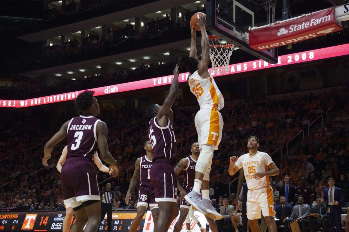 Yves Pons, #35, dunks the ball during the game against Texas A&amp;M on Tuesday, January 28, 2020 at Thompson-Boling Arena.