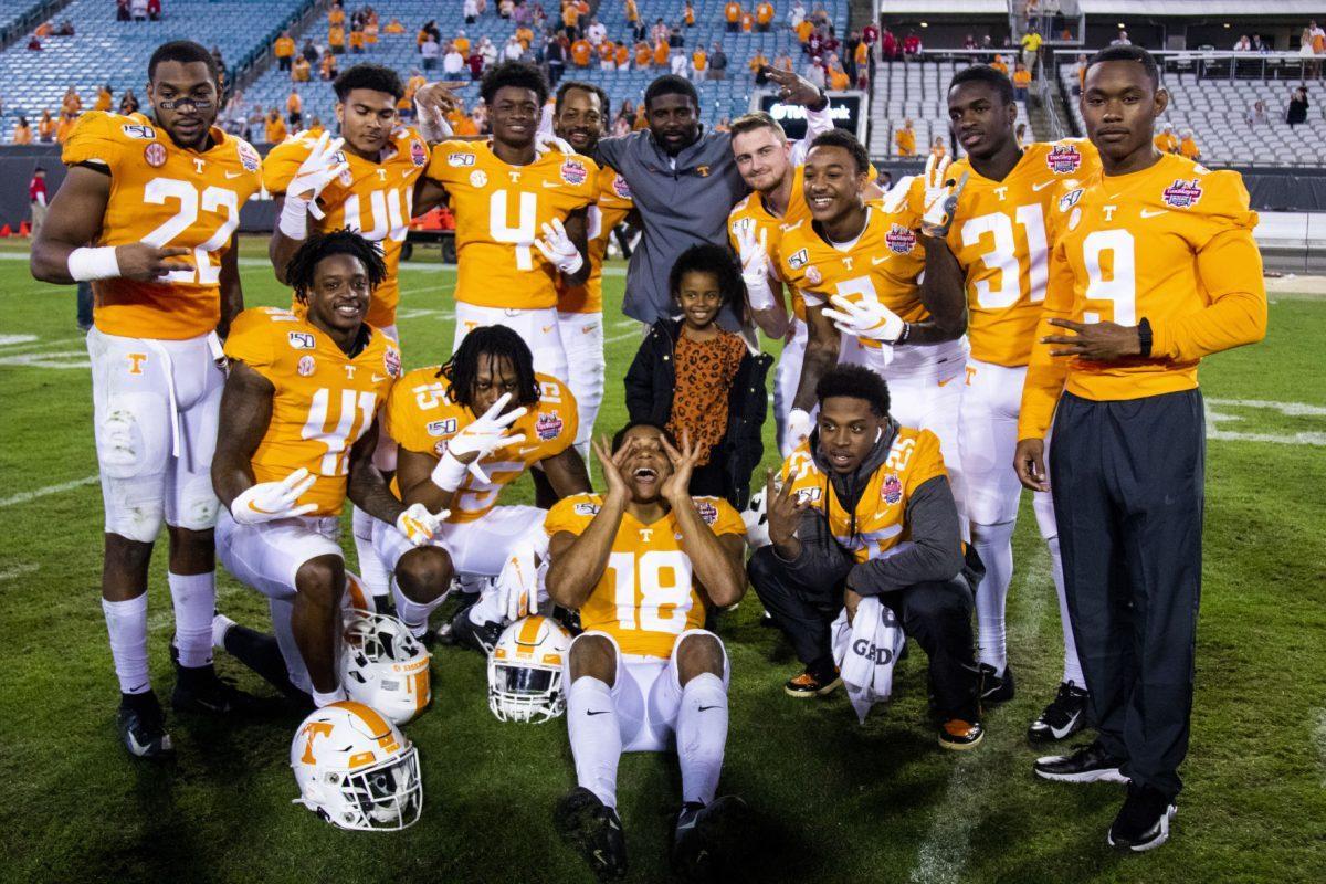 Volunteers after the victory at the 2020 Tax Slayer Bowl game.