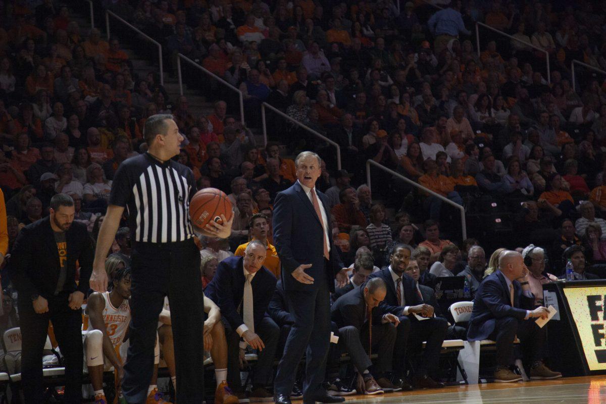 Rick Barnes, Head Coach of the Tennessee Men's Basketball team, argues with the referee during the game against Texas A&amp;M on Tuesday, January 28, 2020 at Thompson-Boling Arena.