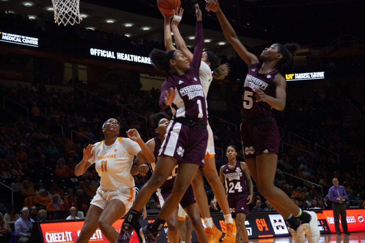 Rae Burrell, #12, shoots the ball during the game against Mississippi State on Thursday, February 6, 2020 at Thompson-Boling Arena.