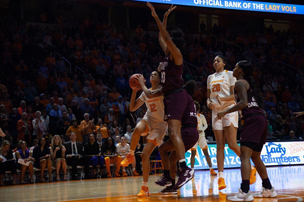 Rae Burrell, #12, fights to put the ball in the basket during the game against Mississippi State on Thursday, February 6, 2020 at Thompson-Boling Arena.