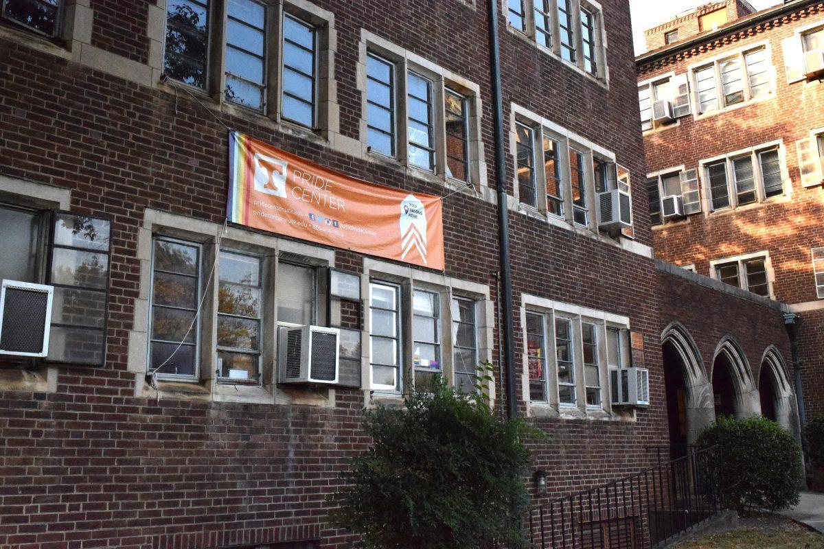 The Pride Center banner hanging outside the Center in Melrose Hall at 915 Volunteer Blvd on Monday, September 30, 2019.