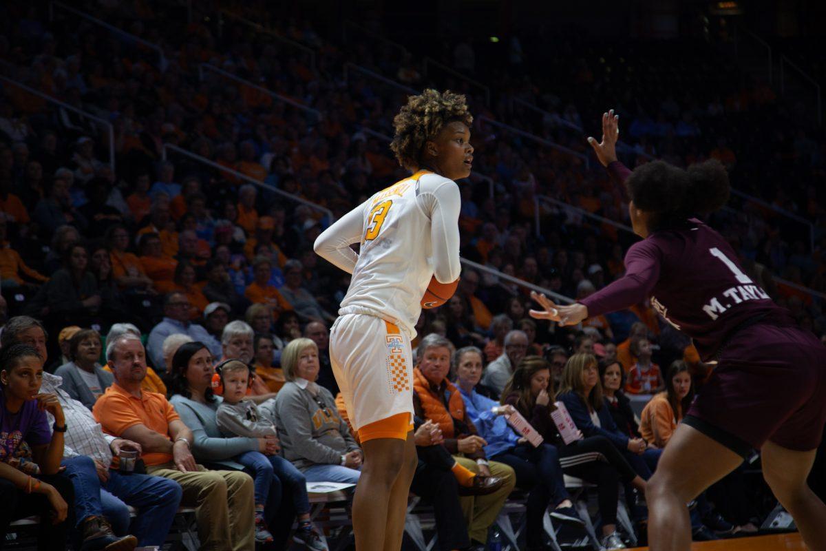 Jazmine Massengill, #13, looks for an open teammate to pass to during the game against Mississippi State on Thursday, February 6, 2020 at Thompson-Boling Arena.