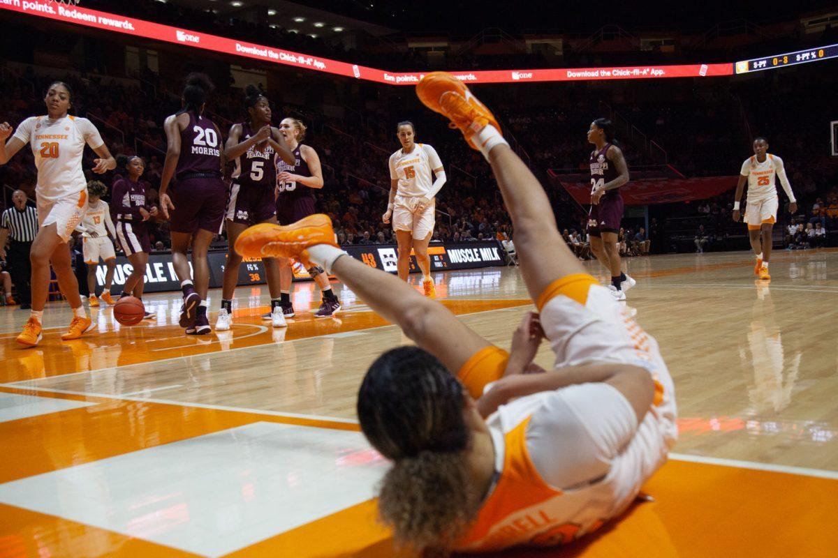 Rae Burrell, #12, falls after attempting to put the ball in the basket during the game against Mississippi State on Thursday, February 6, 2020 at Thompson-Boling Arena.