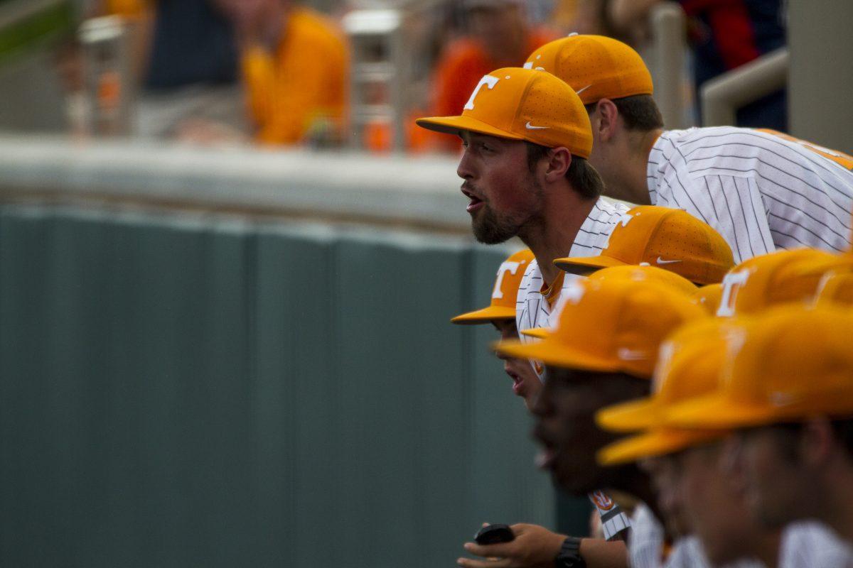 The Tennessee baseball team shouts at the field during a game against Missouri on Friday, May 3. 