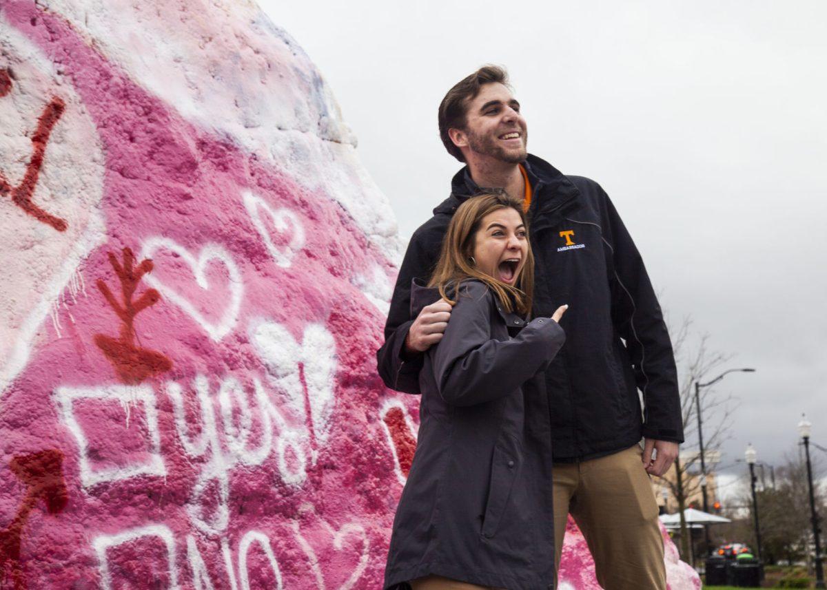 Will Slate and Grace Bosworth put on a fake proposal during a campus tour on Thursday, Feb. 13, 2020 at The Rock in Knoxville, TN.