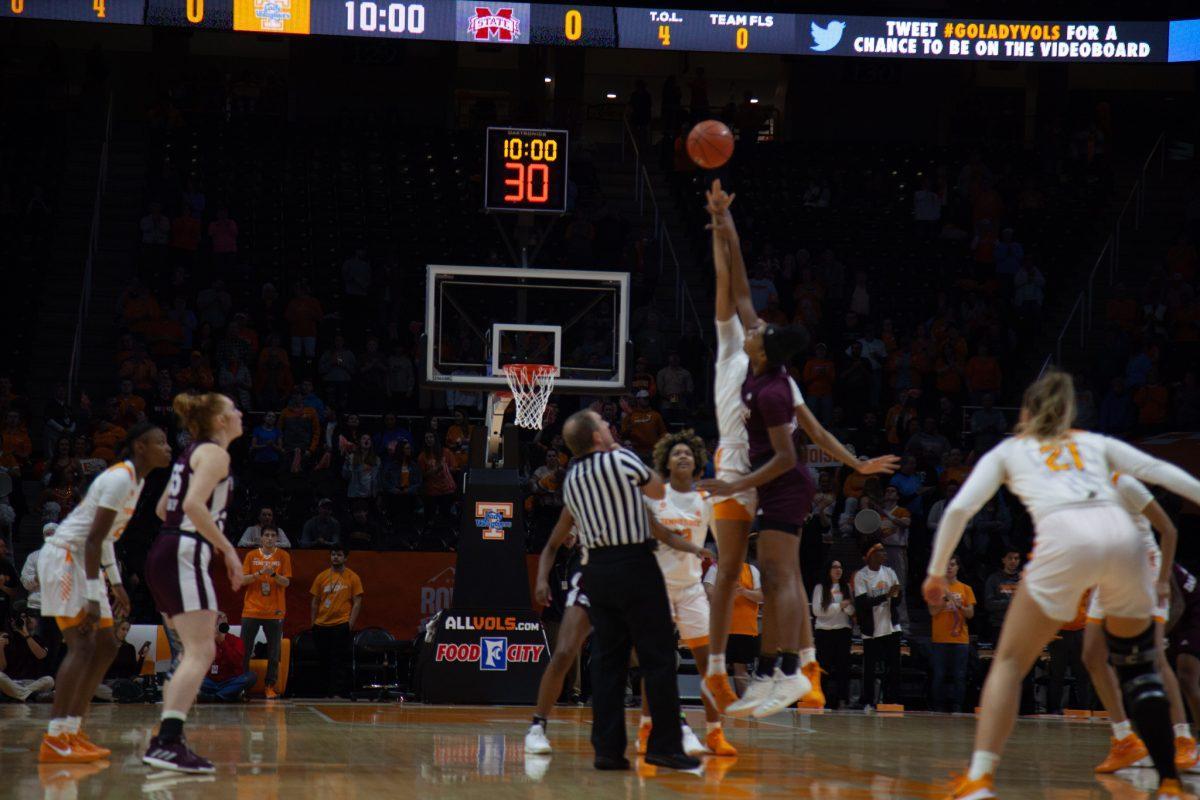 Tamari Key, #20, takes the tip-off against Mississippi State during the game on Thursday, February 6, 2020 at Thompson-Boling Arena.