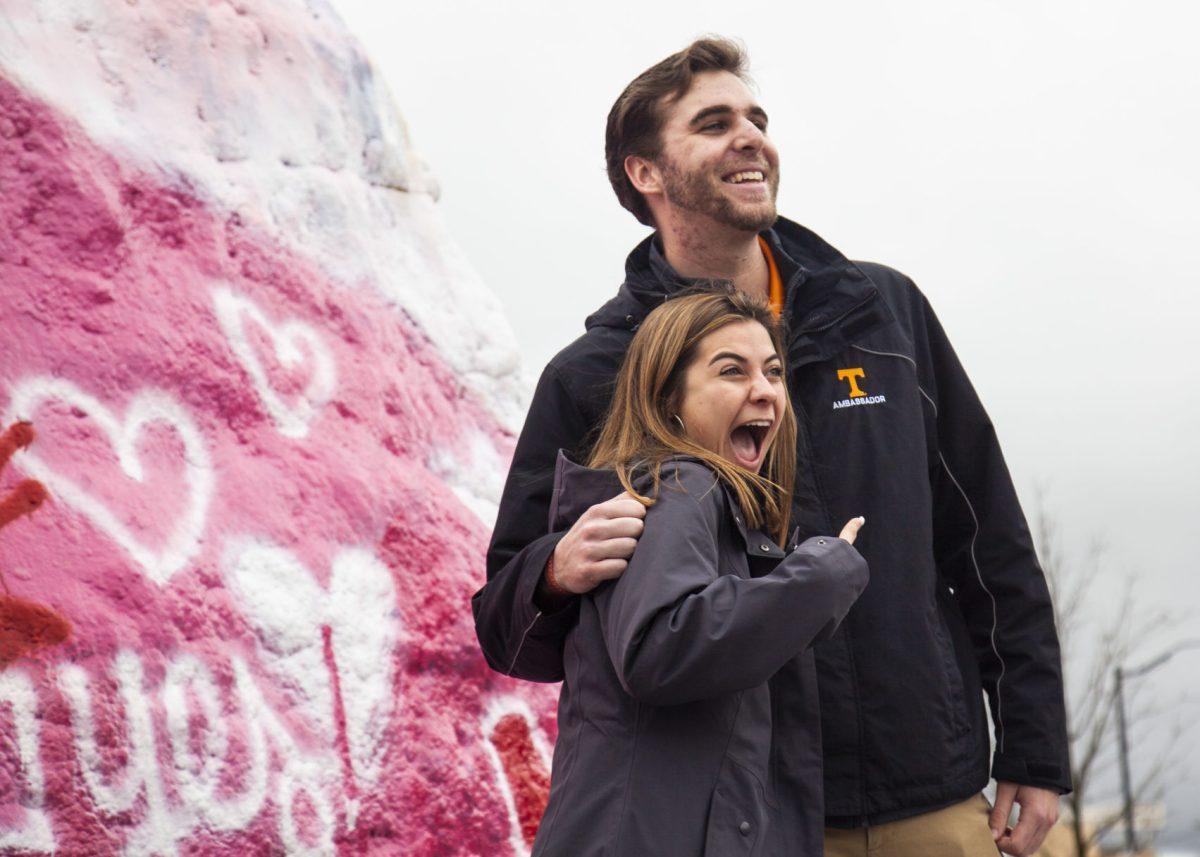 Will Slate and Grace Bosworth put on a fake proposal during a campus tour on Thursday, Feb. 13, 2020 at The Rock in Knoxville, TN.