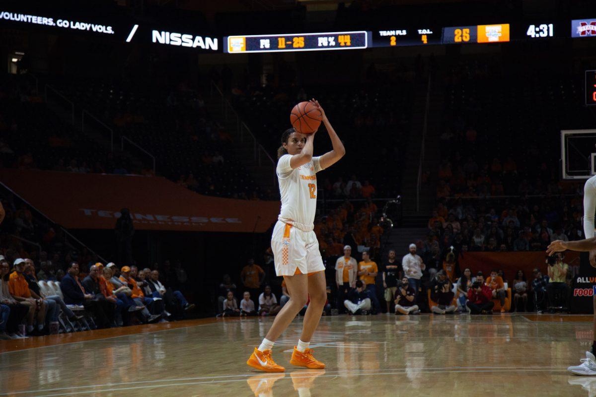 Rae Burrell, #12, attempts to shoot a three-pointer during the game against Mississippi State on Thursday, February 6, 2020 at Thompson-Boling Arena.