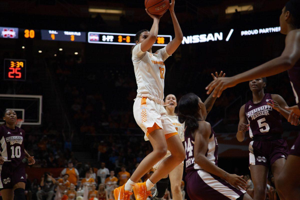 Rae Burrell, #12, shoots the ball during the game against Mississippi State on Thursday, February 6, 2020 at Thompson-Boling Arena.