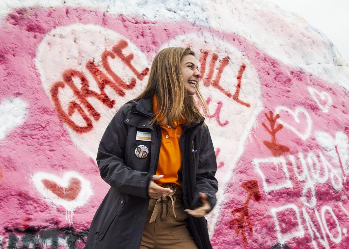 Will Slate and Grace Bosworth put on a fake proposal during a campus tour on Thursday, Feb. 13, 2020 at The Rock in Knoxville, TN.
