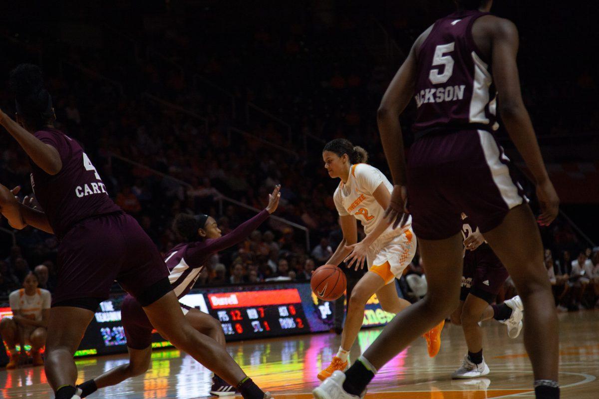Rae Burrell, #12, attempts to bring the ball down the court during the game against Mississippi State on Thursday, February 6, 2020 at Thompson-Boling Arena.