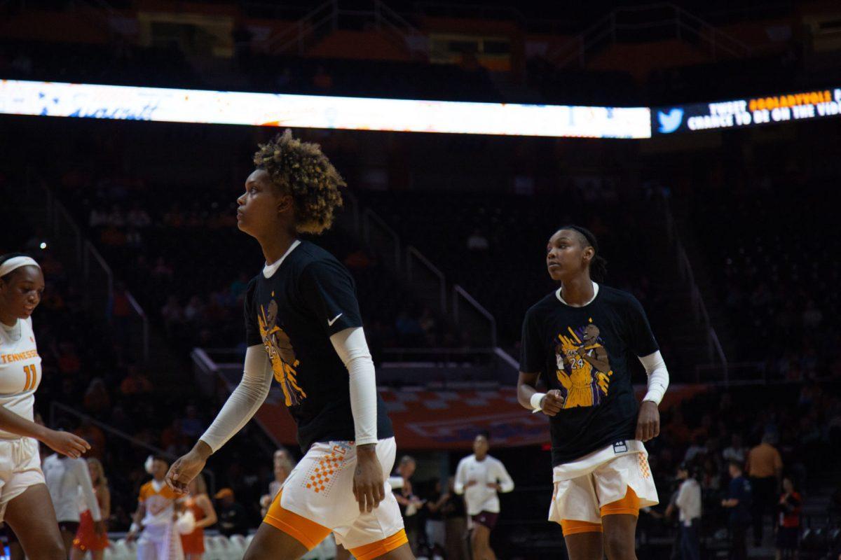 Jazmine Massengill, #13, and Jordan Horston, #25, warm up before the second half of the game against Mississippi State on Thursday, February 6, 2020 at Thompson-Boling Arena.