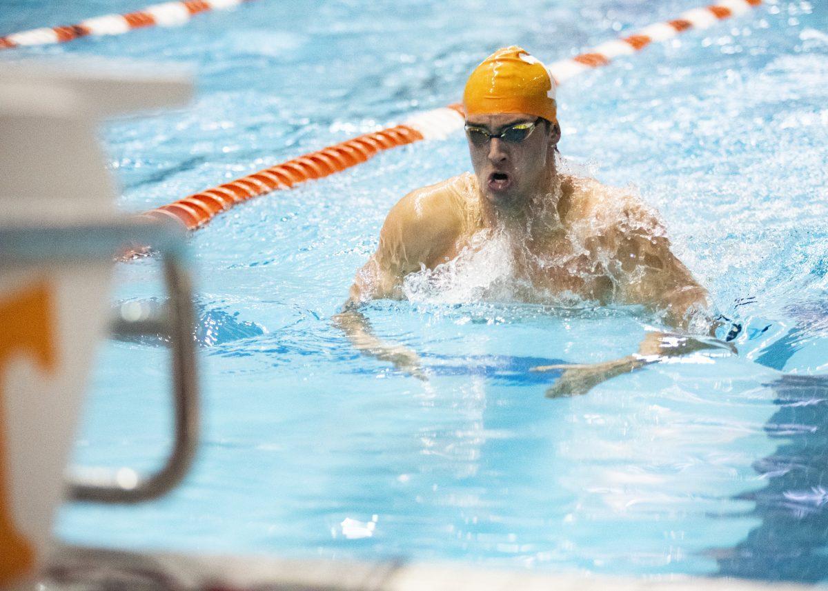 Tennessee's Parker Kaye swimming in a men's 200 meter breaststroke race from last Fall. 