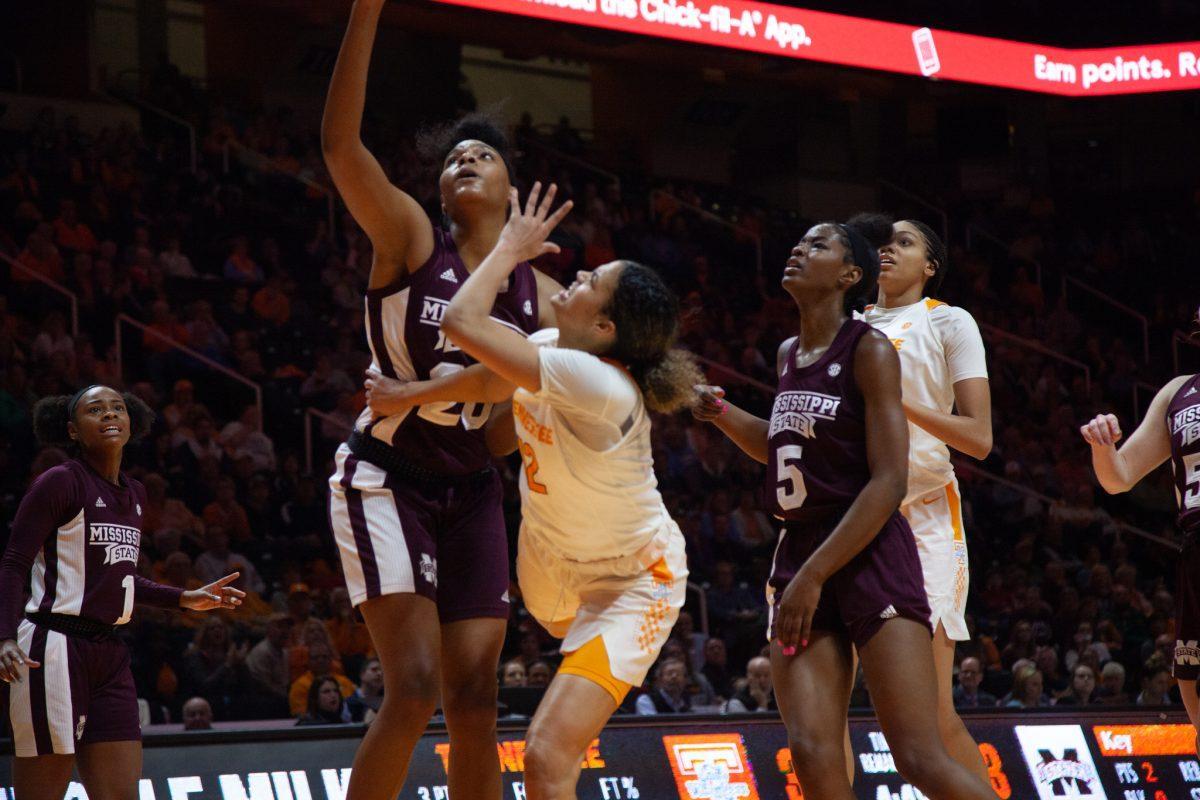 Rae Burrell, #12, throws the ball up towards the hoop during the game against Mississippi State on Thursday, February 6, 2020 at Thompson-Boling Arena.