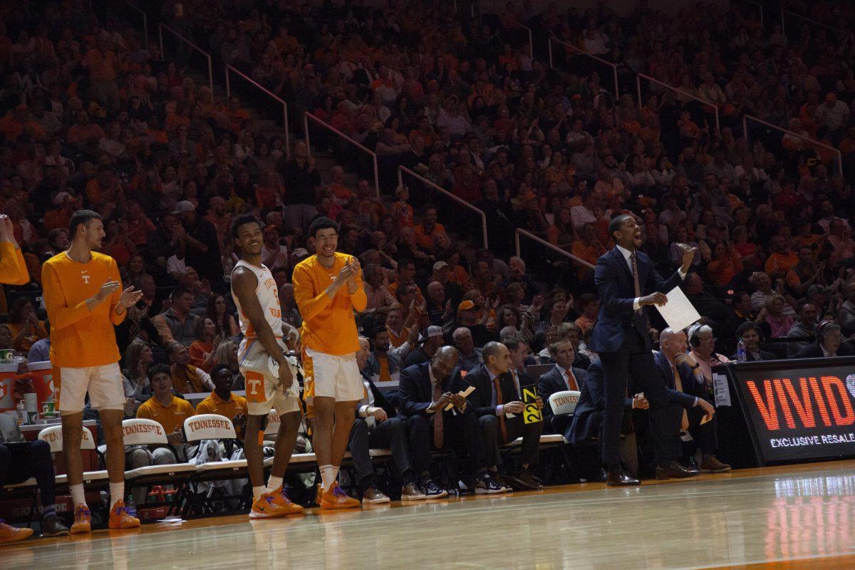 The UTK Men's Basketball team celebrates after catching up to Texas A&amp;M during the game on Tuesday, January 28, 2020 at Thompson-Boling Arena.