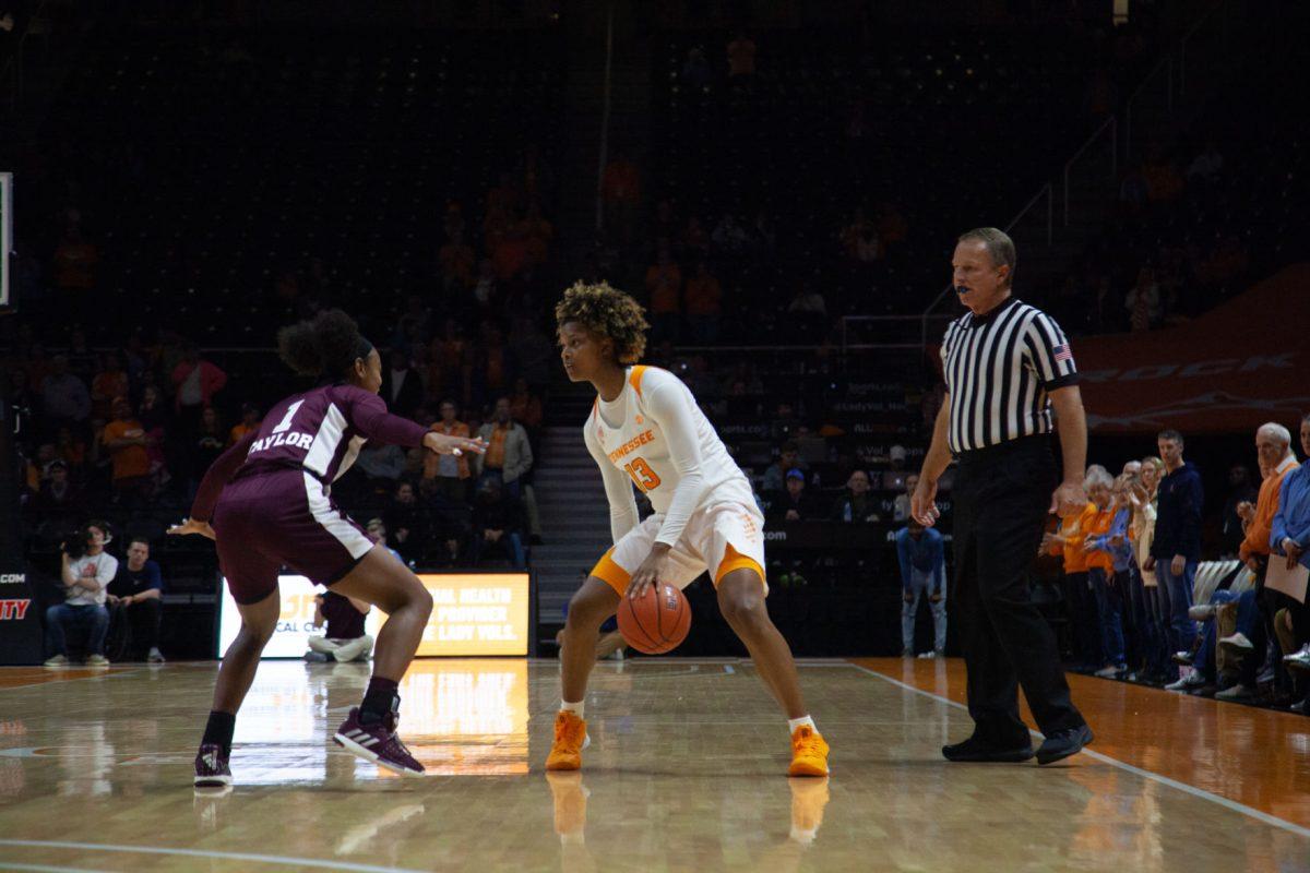 Jazmine Massengill, #13, dribbles the ball during the game against Mississippi State on Thursday, February 6, 2020 at Thompson-Boling Arena.