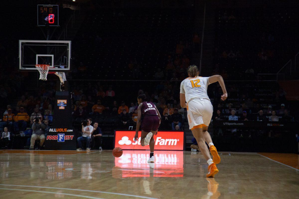 Rae Burrell, #12, chases after a Missippi State player, Rickea Jackson, #5, after she stole the ball during the game on Thursday, February 6, 2020 at Thompson-Boling Arena.