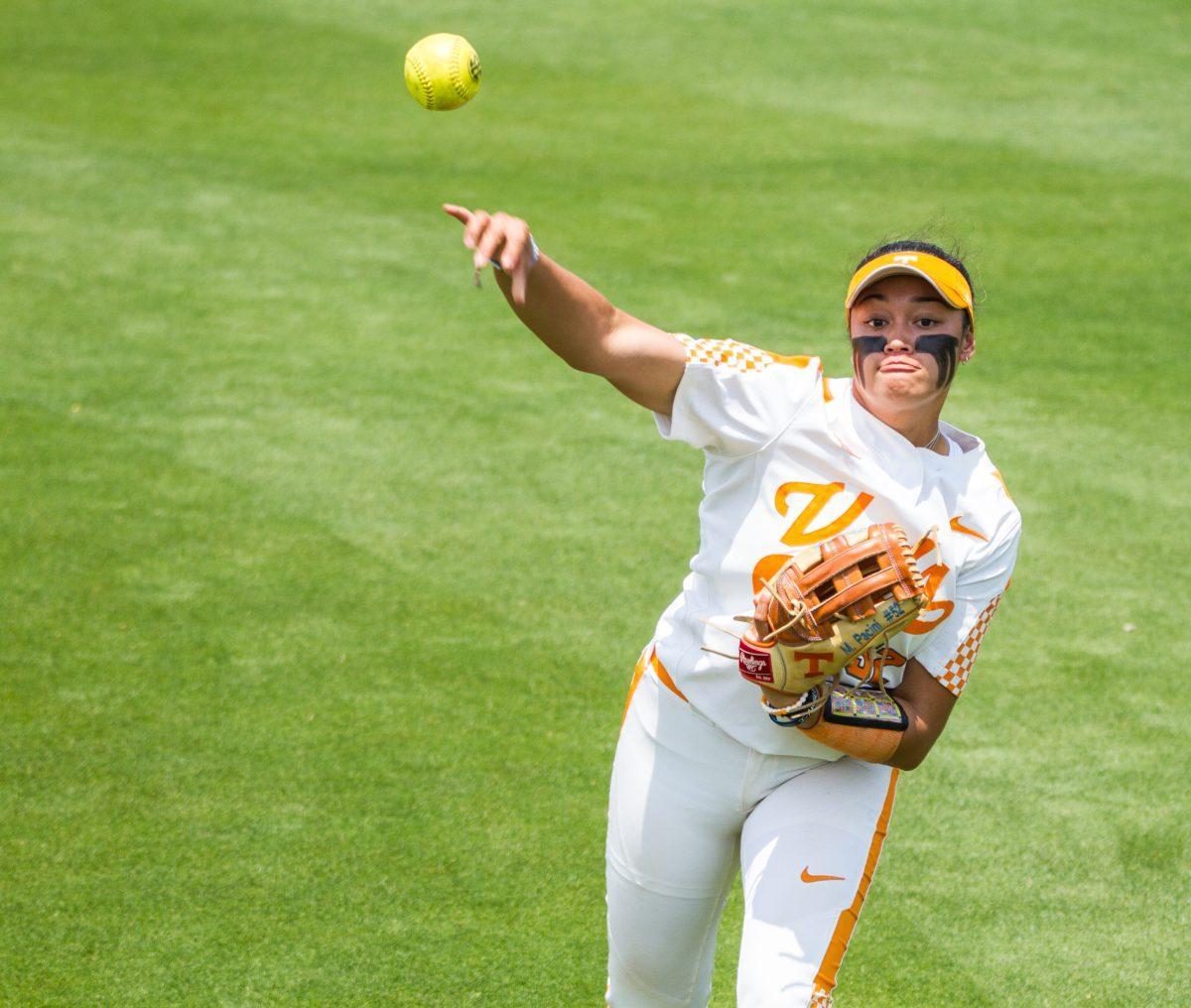 #52, Madison Pacini warms up between innings during the NCAA Regional Final against the University of North Carolina on Sunday, May 19, 2019.