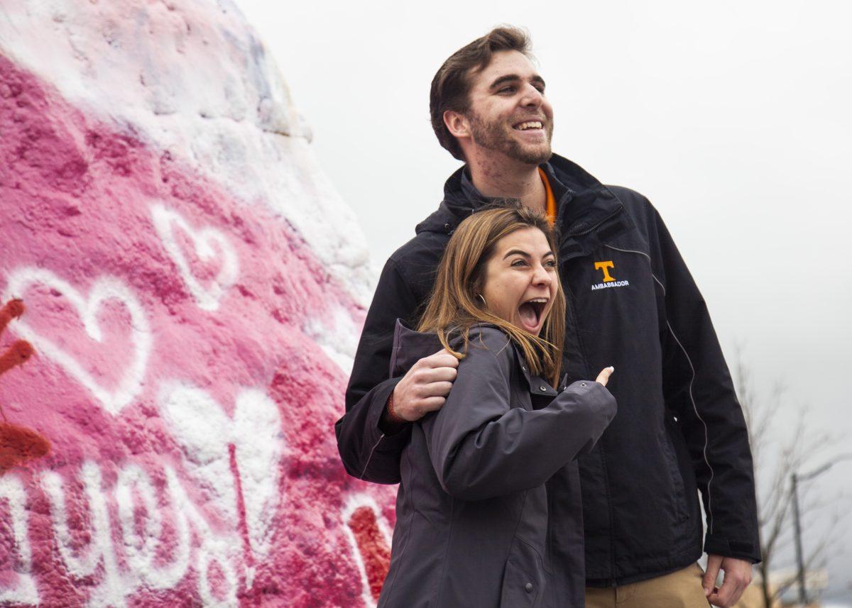 Will Slate and Grace Bosworth put on a fake proposal during a campus tour on Thursday, Feb. 13, 2020 at The Rock in Knoxville, TN.