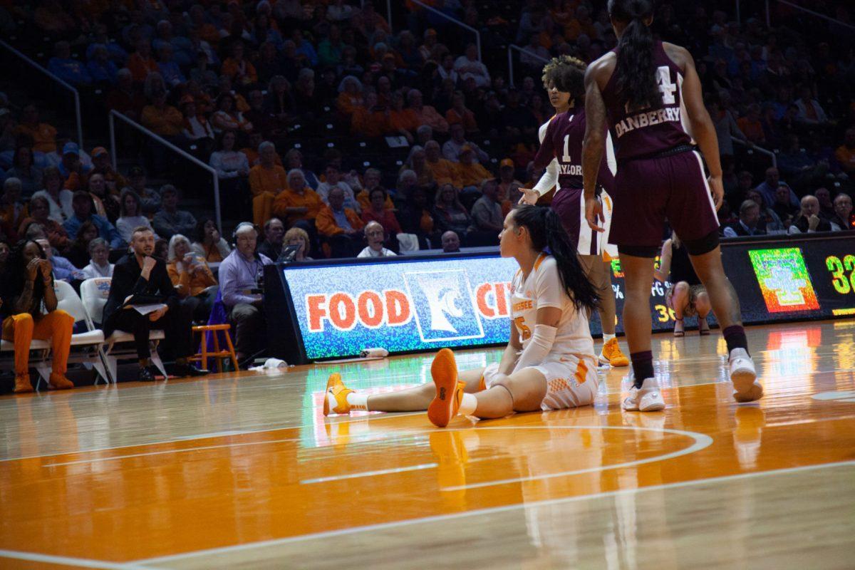 Jaiden McCoy, #15, sits down after being fouled during the game against Mississippi State on Thursday, February 6, 2020 at Thompson-Boling Arena.