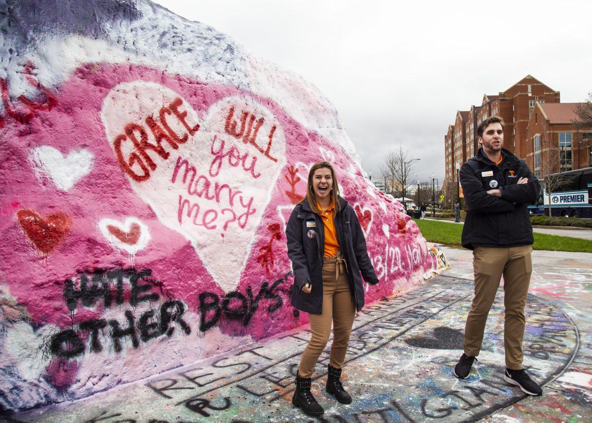 Will Slate and Grace Bosworth put on a fake proposal during a campus tour on Thursday, Feb. 13, 2020 at The Rock in Knoxville, TN.