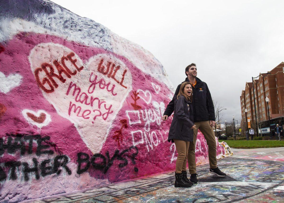 Will Slate and Grace Bosworth put on a fake proposal during a campus tour on Thursday, Feb. 13, 2020 at The Rock in Knoxville, TN.