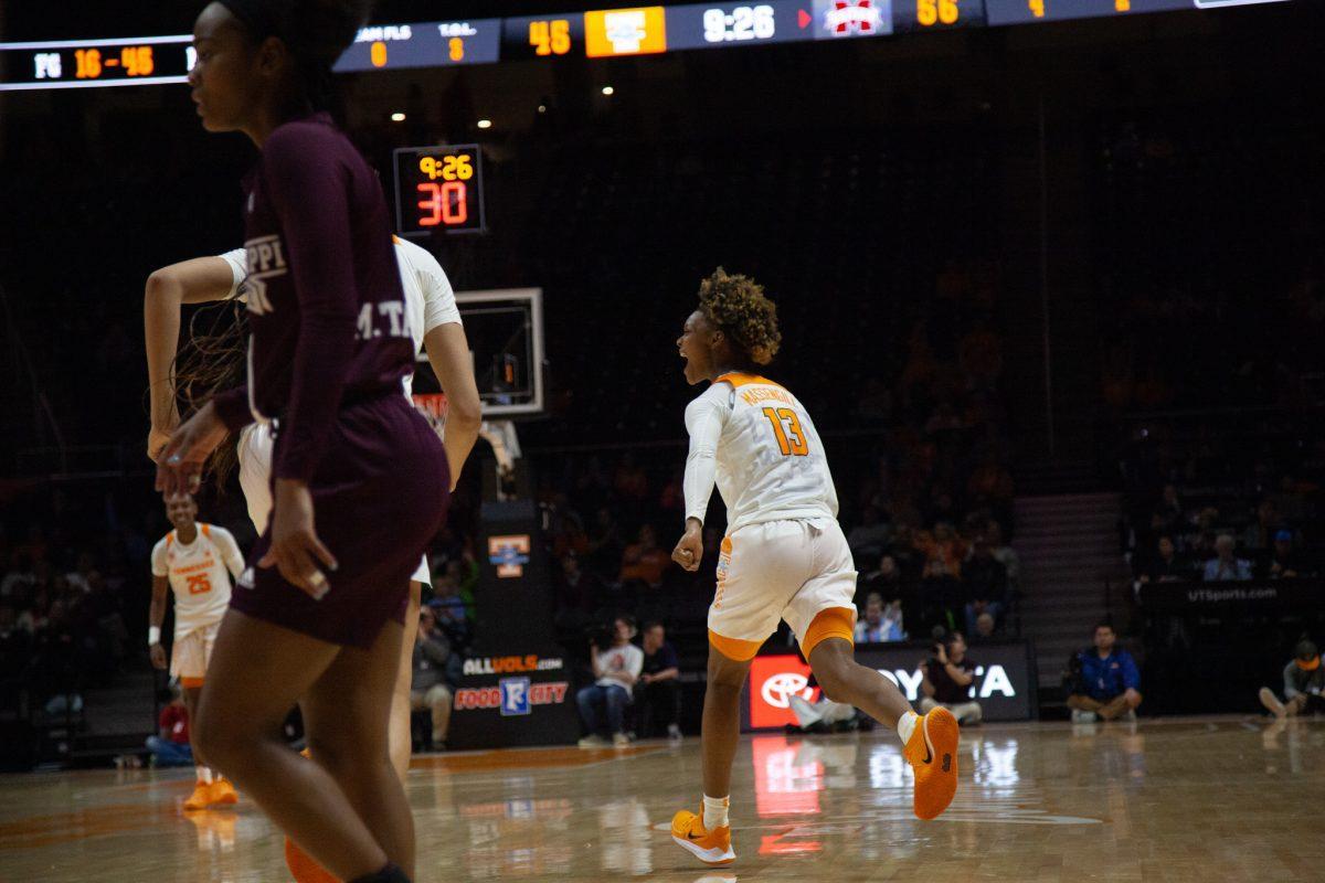 Jazmine Massengill, #13, celebrates after making a three-pointer during the game against Mississippi State on Thursday, February 6, 2020 at Thompson-Boling Arena.