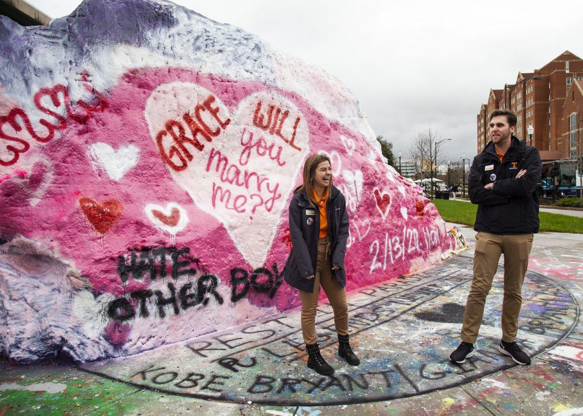 Will Slate and Grace Bosworth put on a fake proposal during a campus tour on Thursday, Feb. 13, 2020 at The Rock in Knoxville, TN.