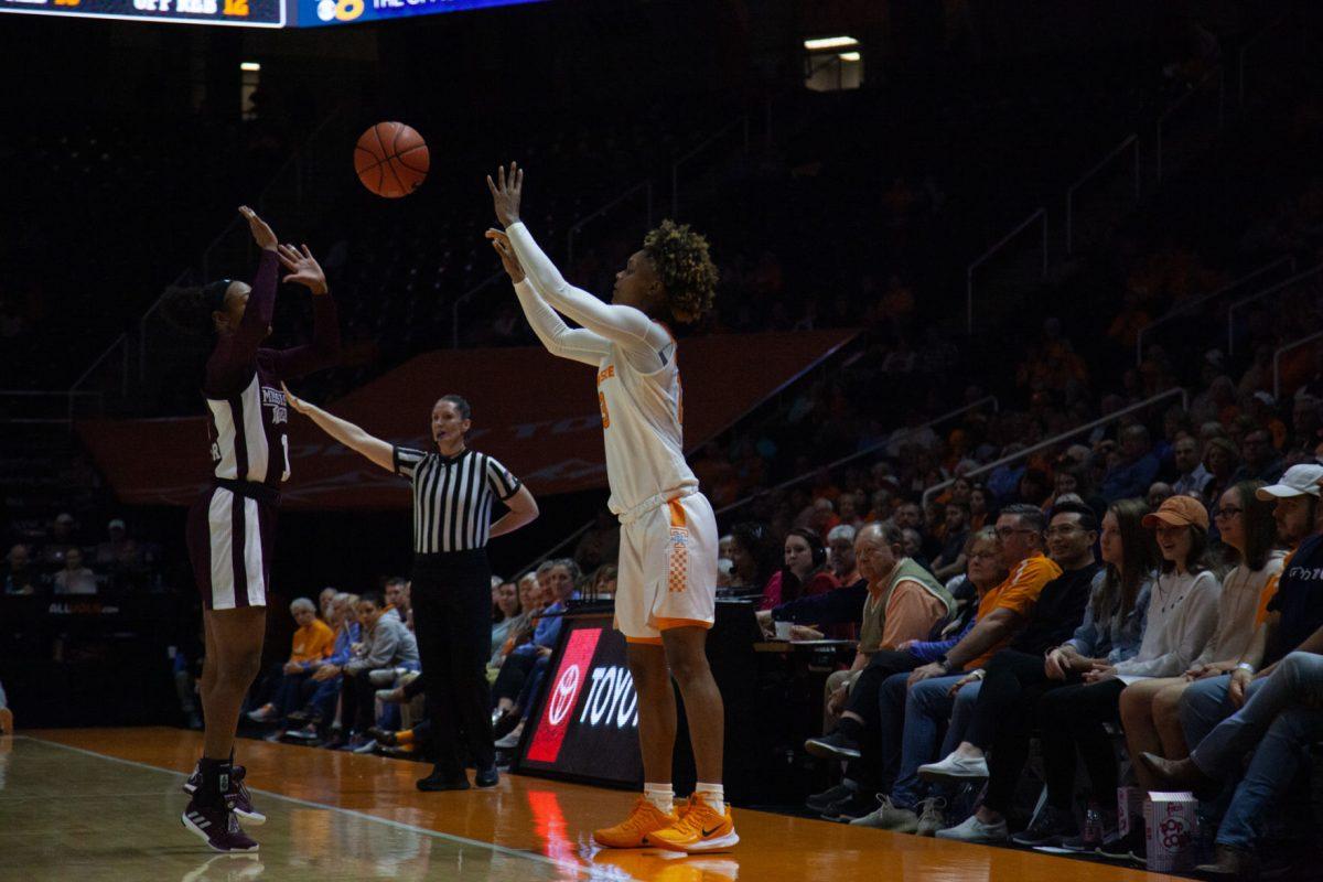 Jazmine Massengill, #13, passes the ball during the game against Mississippi State on Thursday, February 6, 2020 at Thompson-Boling Arena.