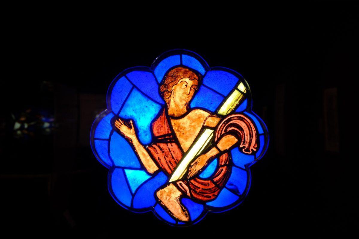 Monday, February 3, 2020. Visions of the End Gallery in McClung Museum. "The Dead Rising from their Tombs, from a Rose Window," 1215-20. Made in Braine, France. This fragment of stained glass window shows a body reunited with its soul at the moment of resurrection, as described in the Book of Revelation.
